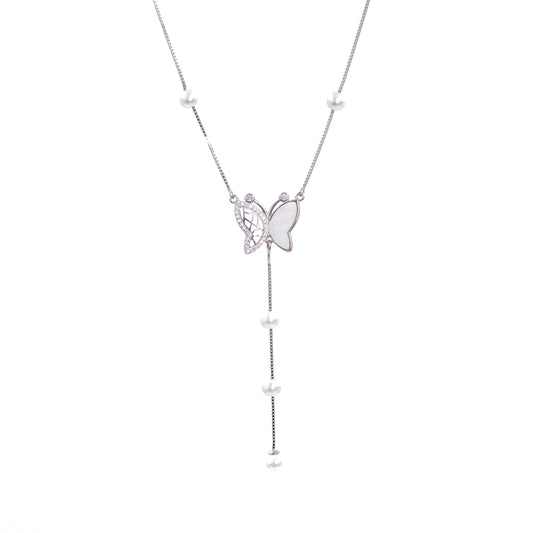 Silver Butterfly Cascade Pearl Chain Pendant