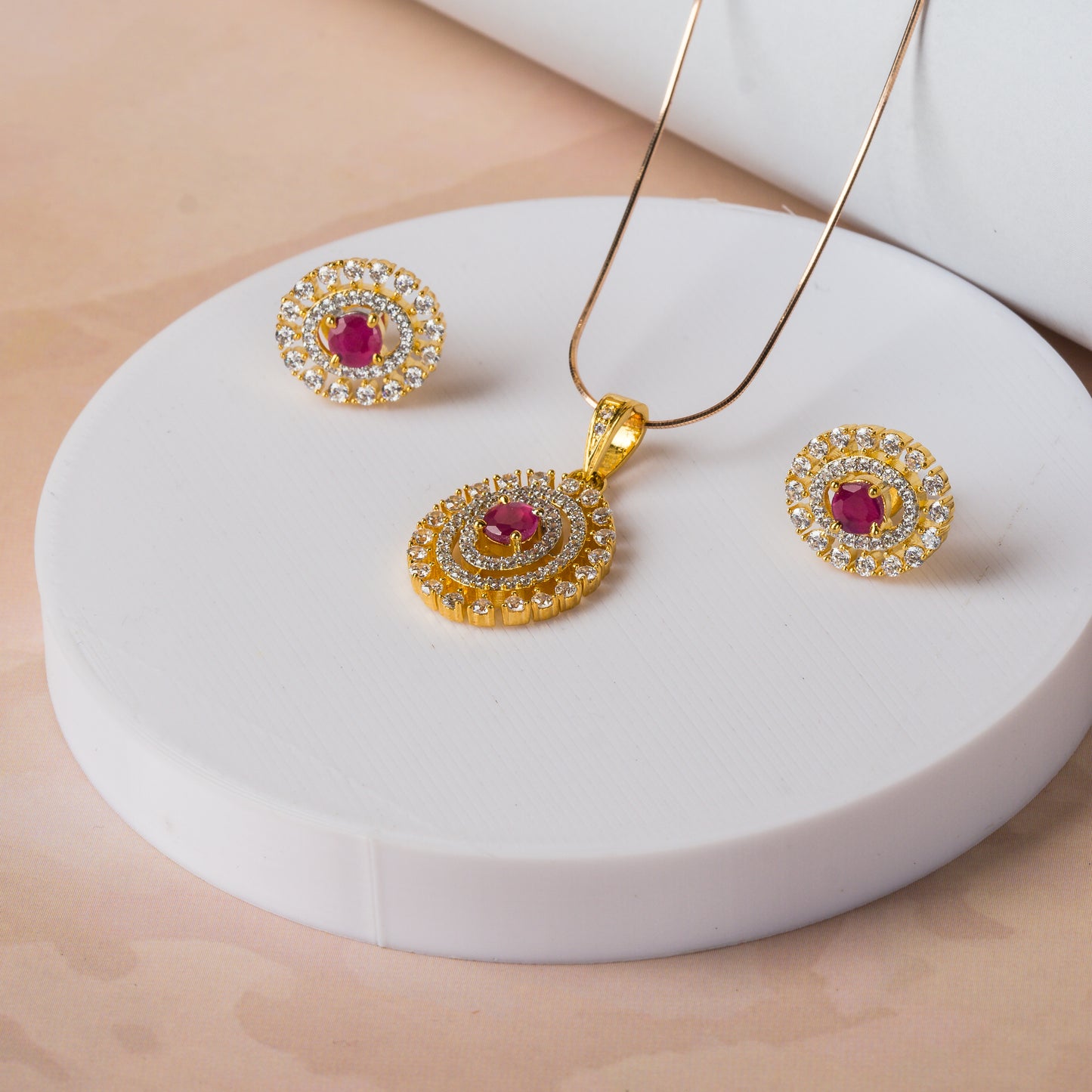 Gold With Pink Stone Pendant Set