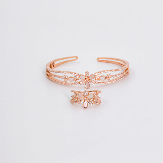 Rose Gold Serene Radiance Cuff/Kada With Ring Set