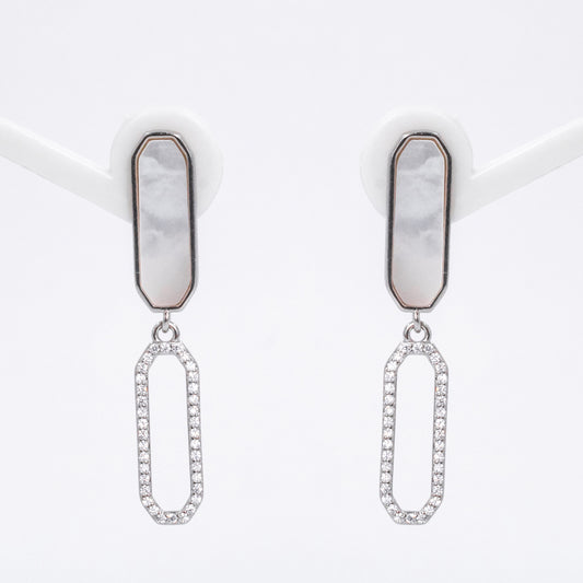 Silver Mirror Image White Oval Earrings